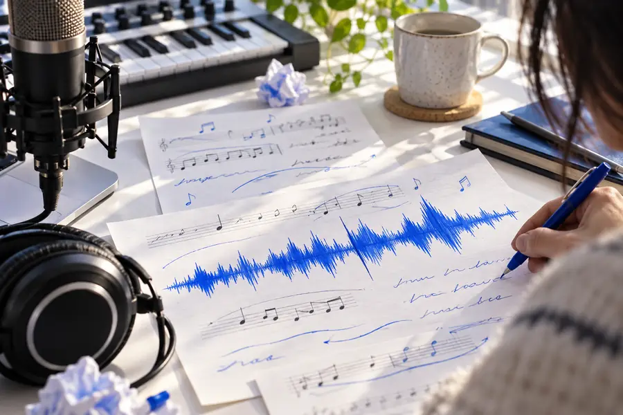 Rough vocal idea represented by a waveform and lyric notes